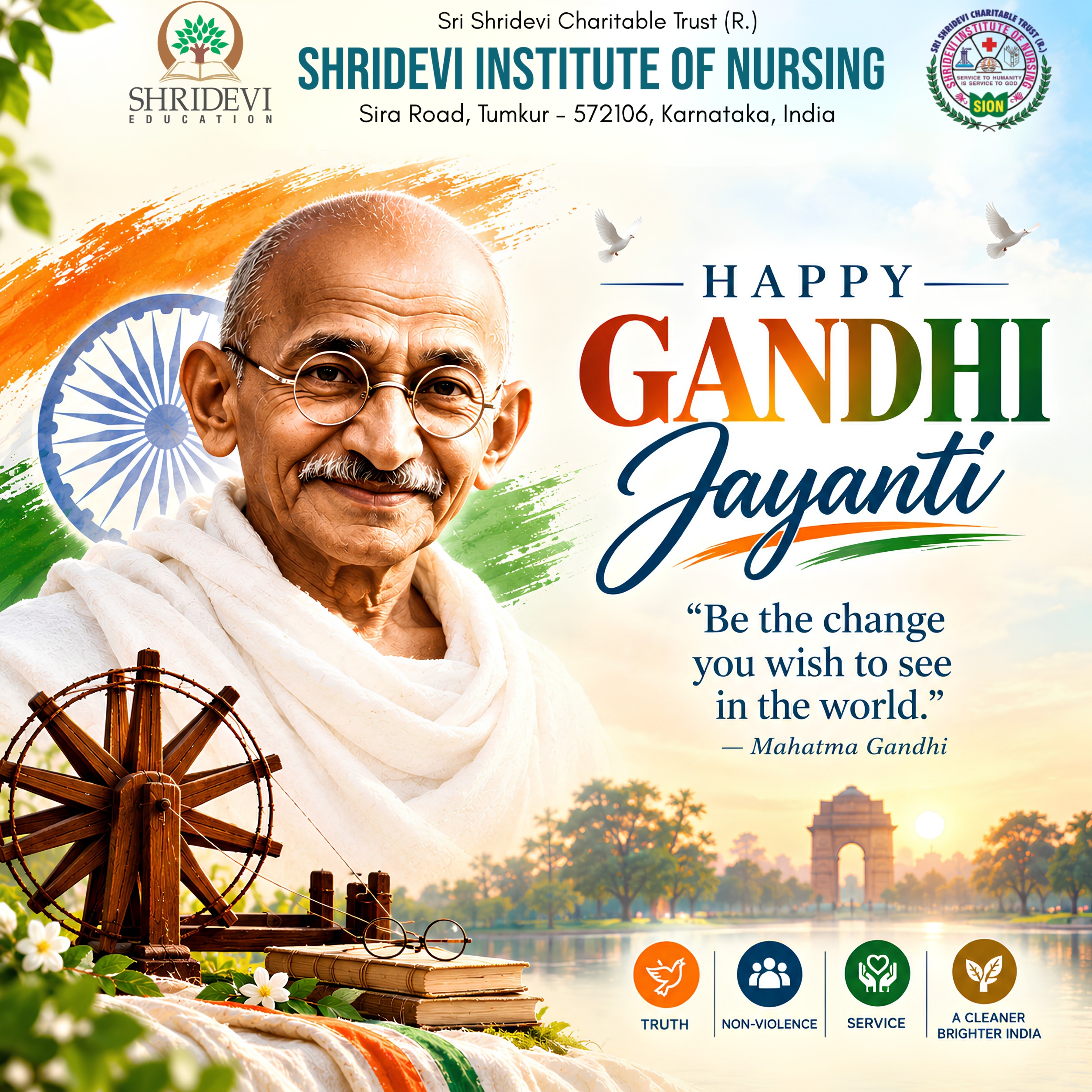On this Gandhi Jayanti, Shridevi College of Nursing remembers Mahatma Gandhi — a symbol of truth, non‑violence, compassion, and service. 🕊️
As future nurses🧑‍⚕️, we are called to uphold these values in every patient interaction: to speak with honesty, act with kindness, and care without discrimination. Let us honour Bapu’s legacy by choosing peace over conflict, empathy over indifference, and service over self.🇮🇳 
#gandhijayanti #GandhiJayanti2026 #ShrideviCollegeOfNursing #NursingEducation #FutureNurses #TruthAndNonViolence #ServiceToHumanity #NursingStudents #India #October2